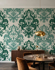 Silent Bouquet Emerald damask wallpaper in an elegant dining room