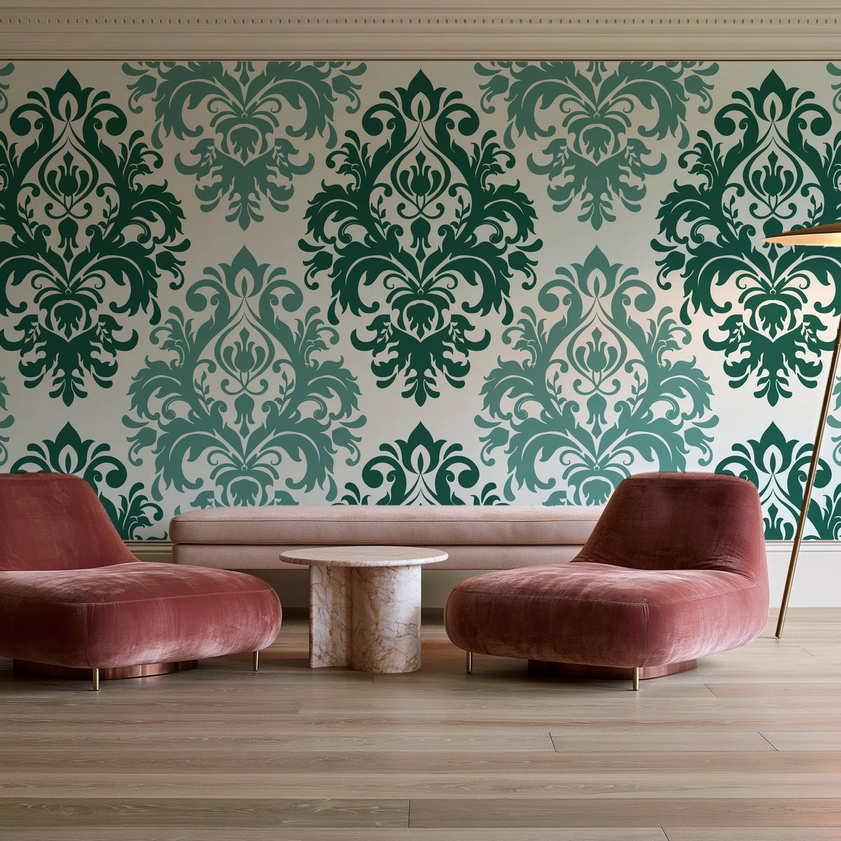 Silent Bouquet Emerald damask wallpaper in a boutique hotel sitting area