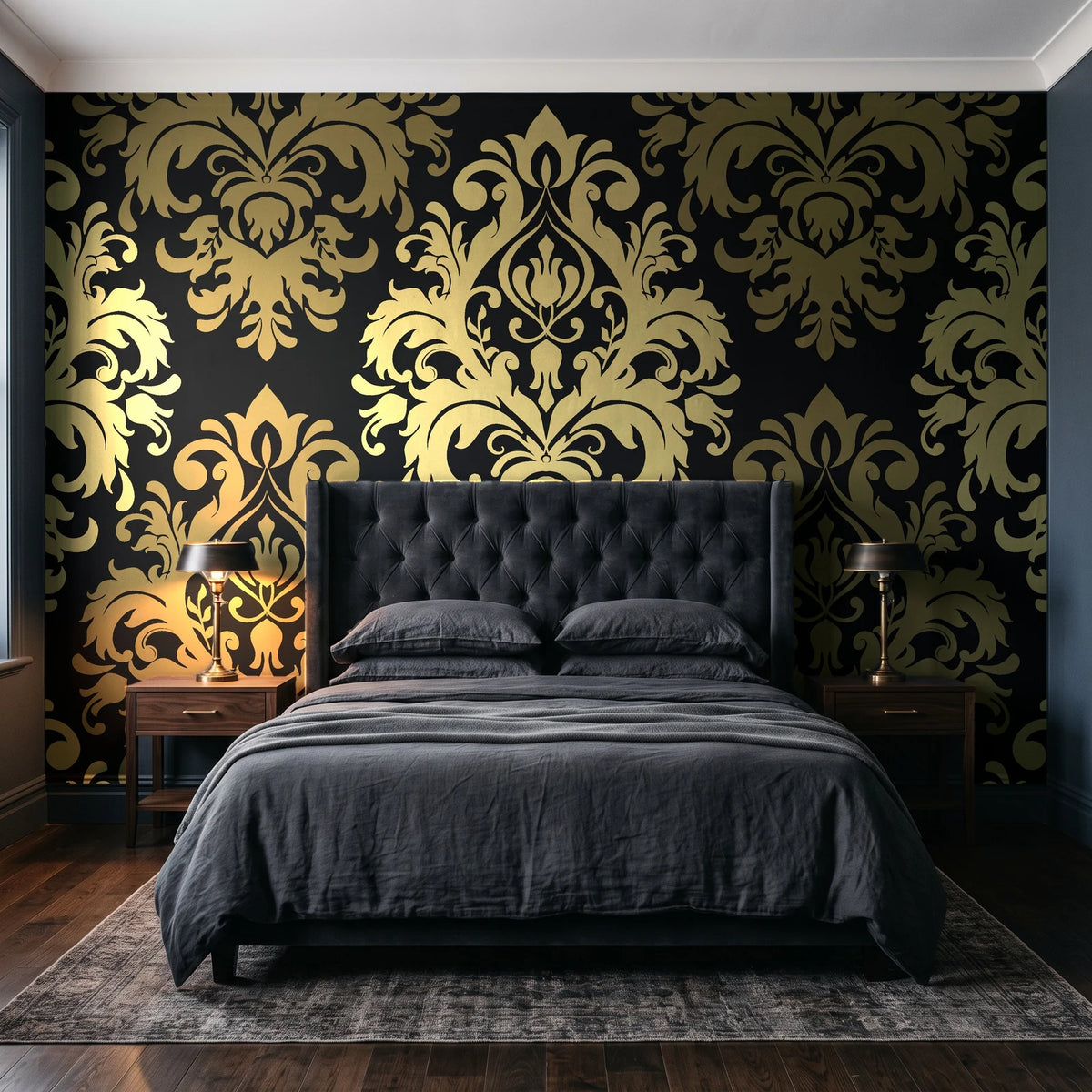 Silent Bouquet Noir damask wallpaper behind a tufted headboard in a dark, moody bedroom