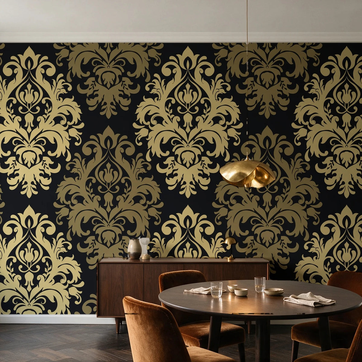 Silent Bouquet Noir damask wallpaper in an elegant dining room