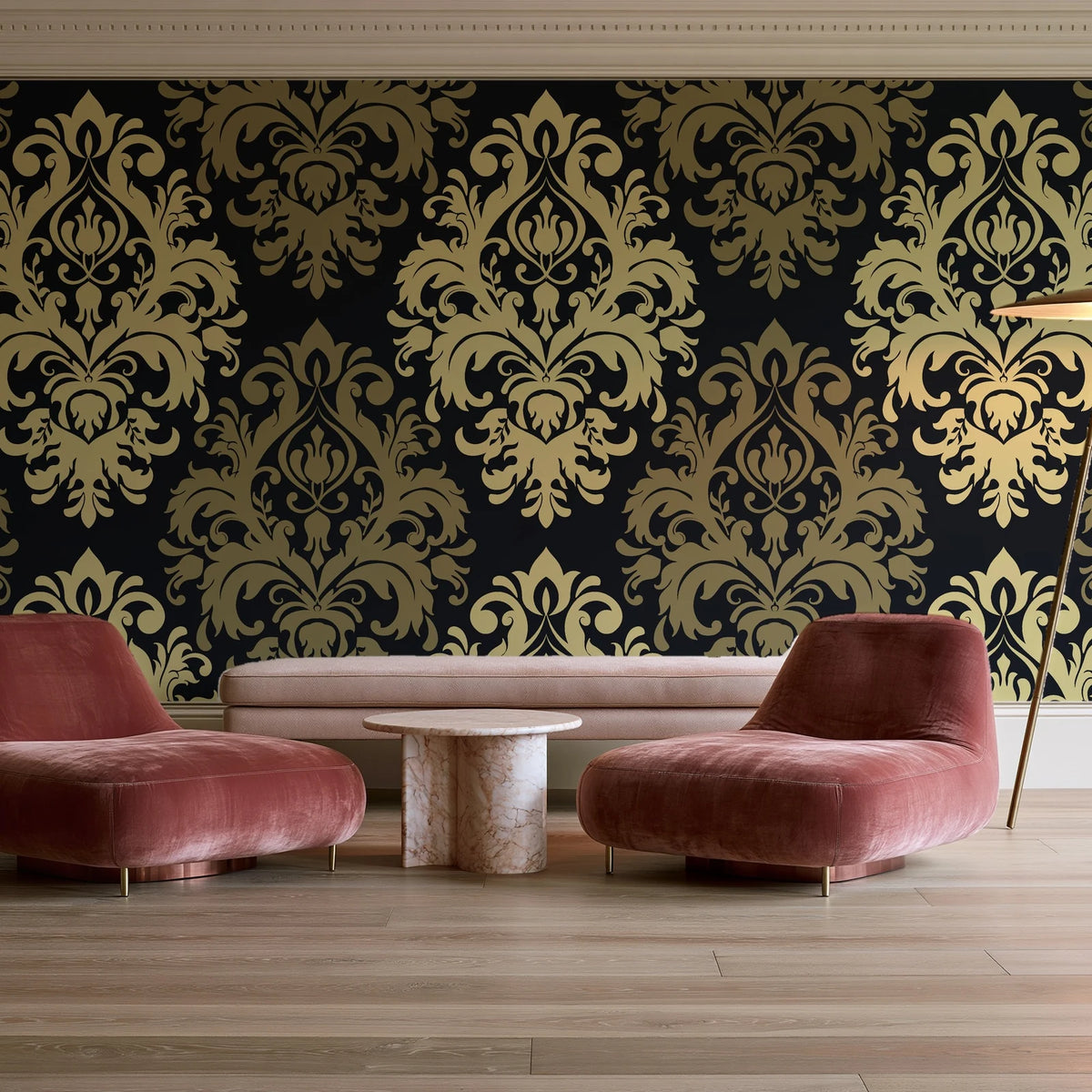 Silent Bouquet Noir damask wallpaper in a boutique hotel sitting area