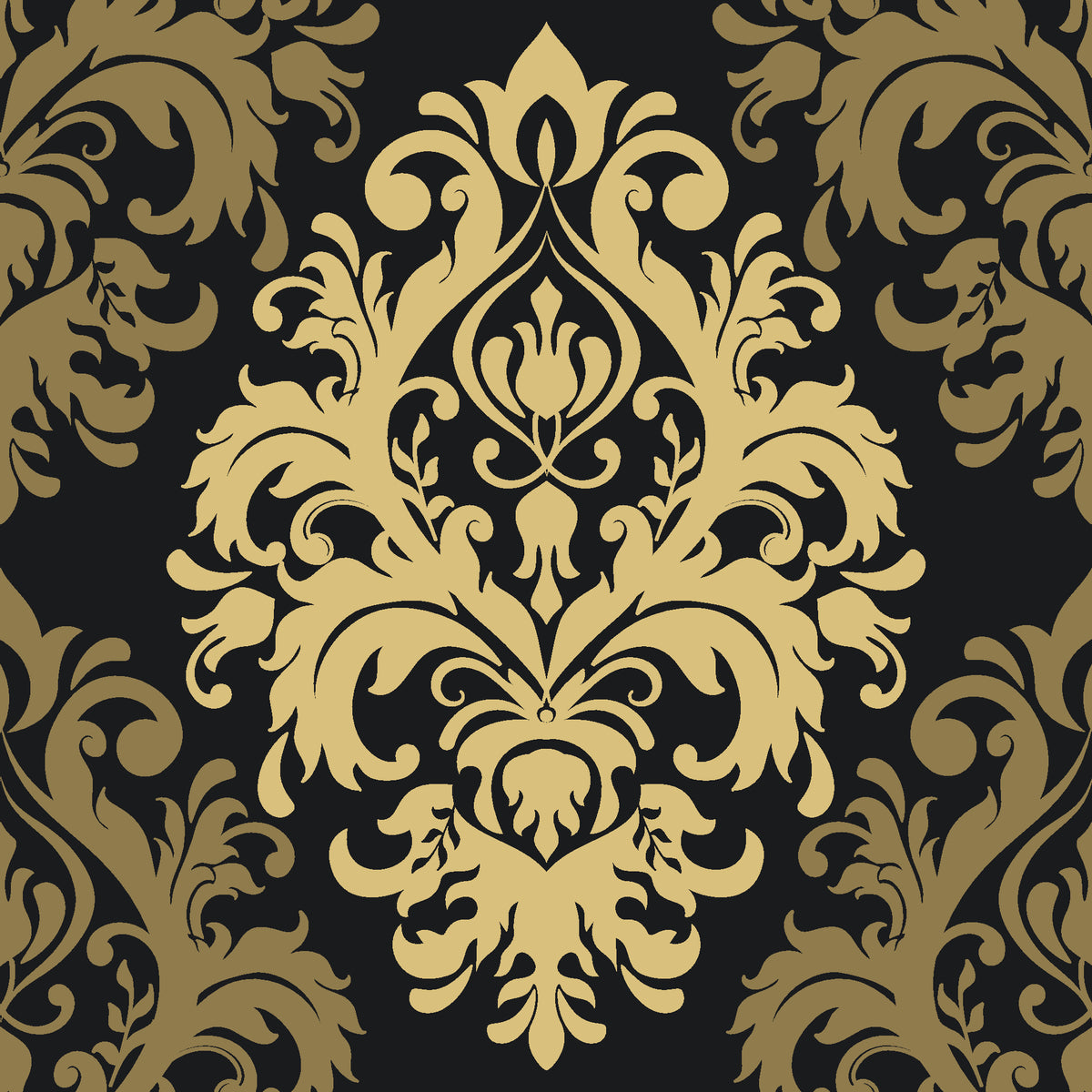 Silent Bouquet Noir damask wallpaper in black and gold