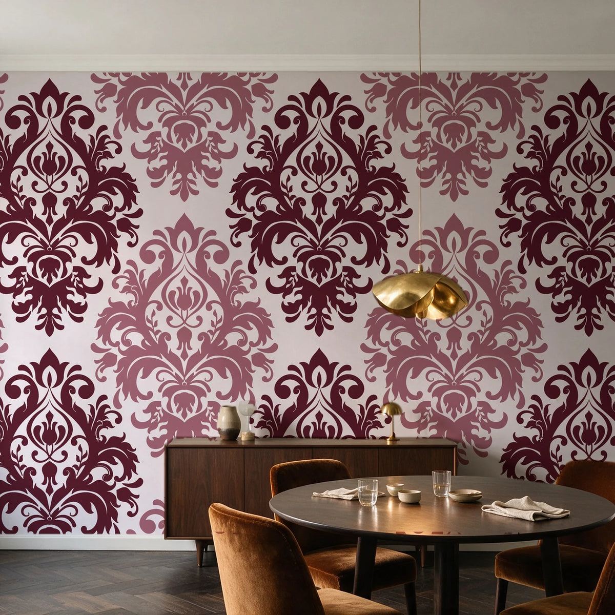 Silent Bouquet Oxblood damask wallpaper in an elegant dining room