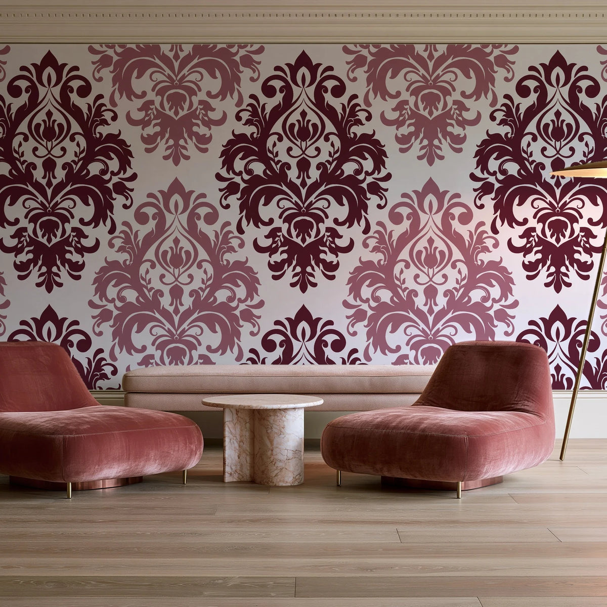 Silent Bouquet Oxblood damask wallpaper in a boutique hotel sitting area