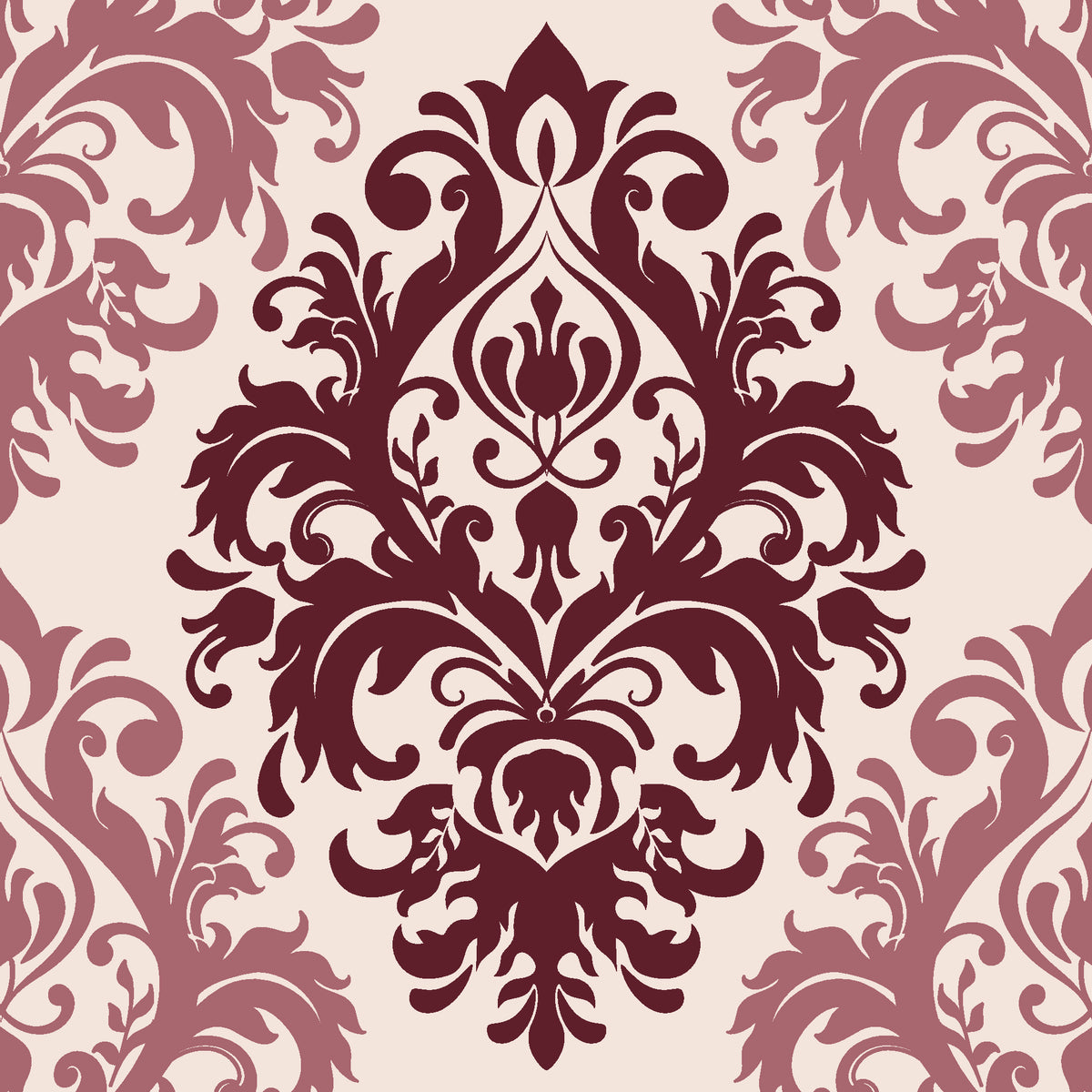 Silent Bouquet Oxblood damask wallpaper in oxblood and blush