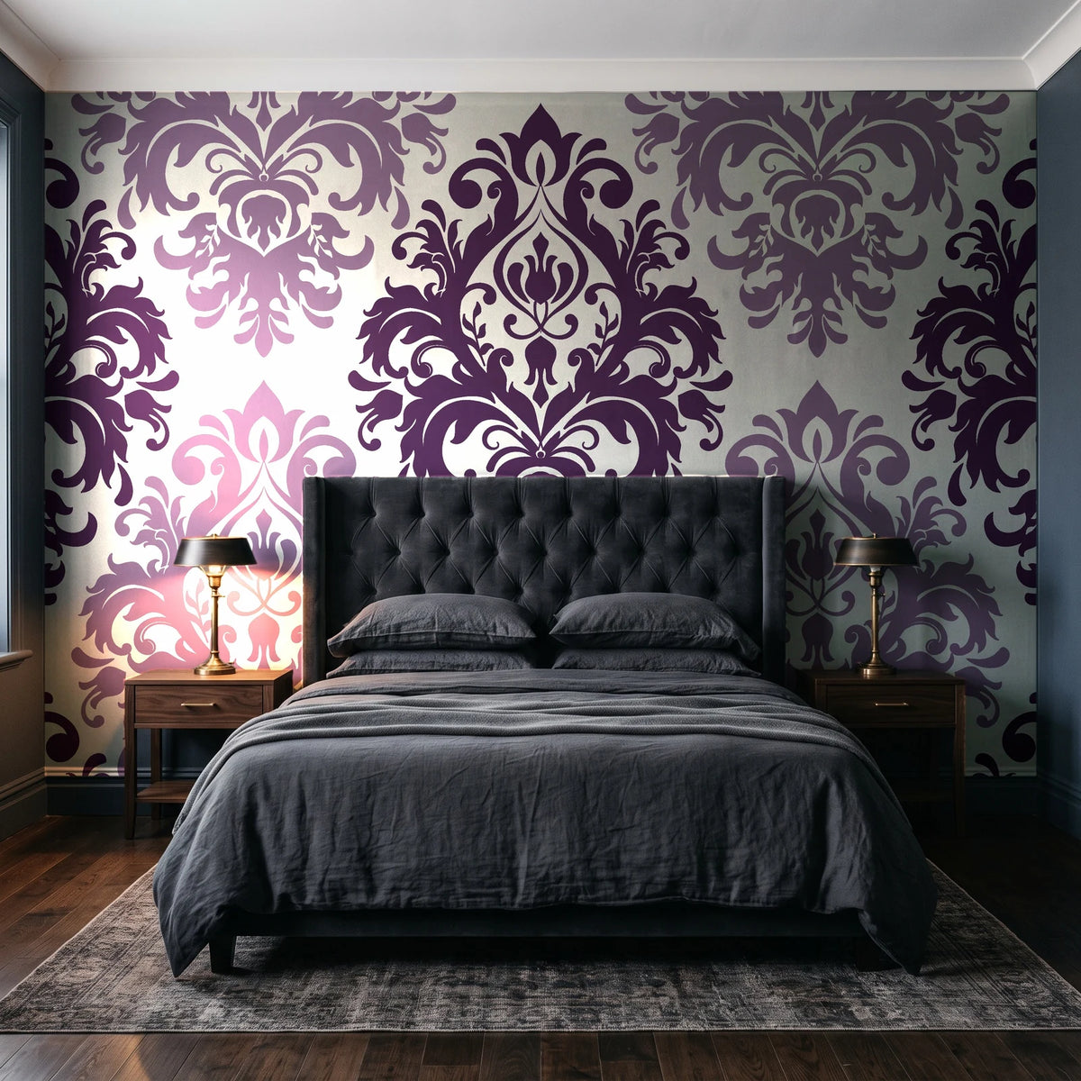 Silent Bouquet Plum damask wallpaper behind a tufted headboard in a dark, moody bedroom