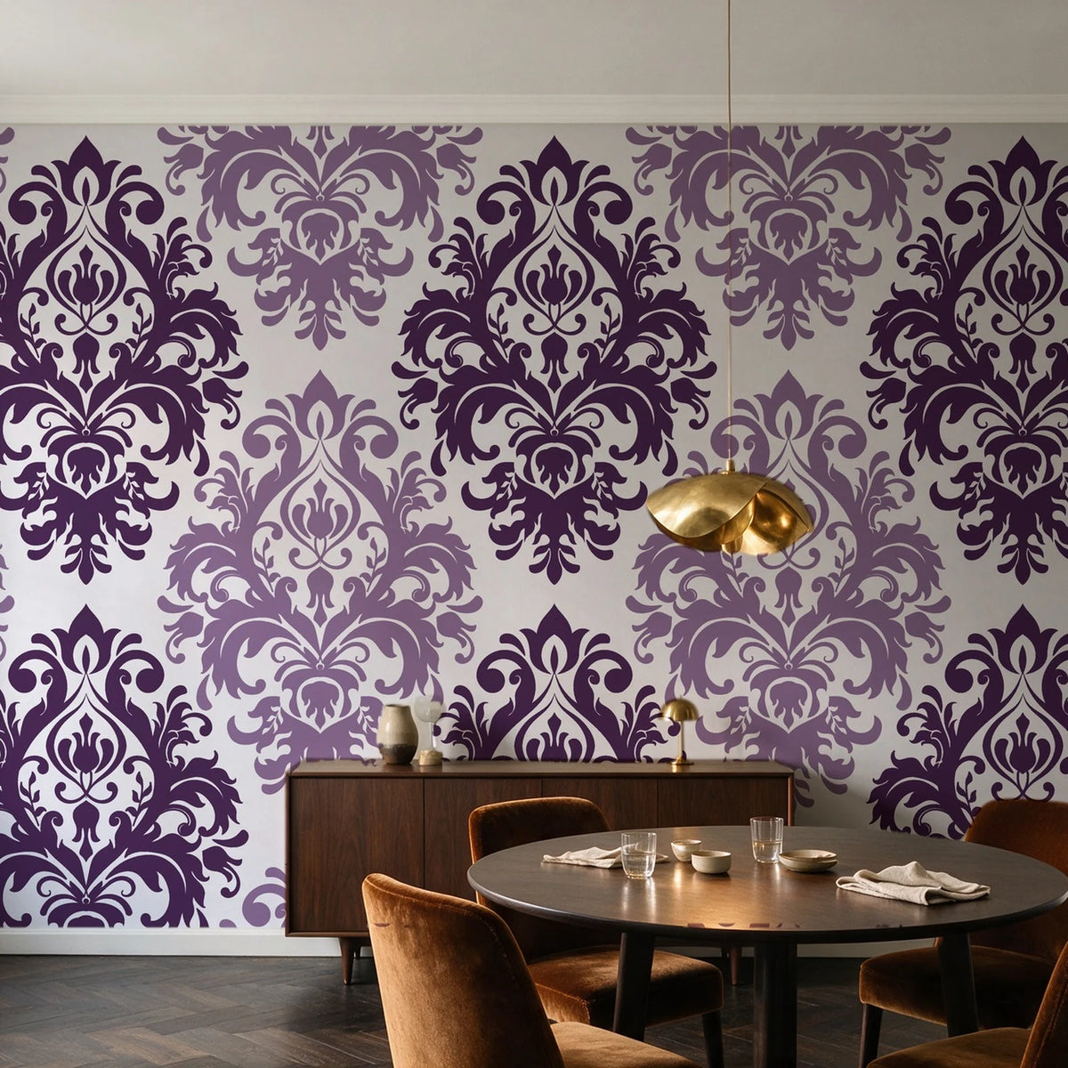 Silent Bouquet Plum damask wallpaper in an elegant dining room