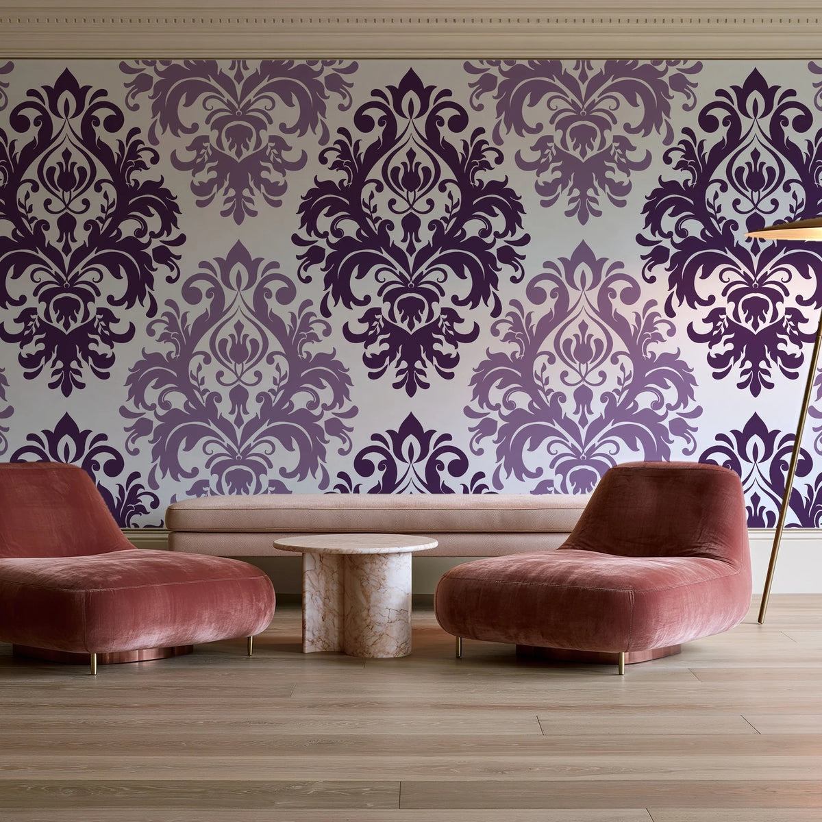 Silent Bouquet Plum damask wallpaper in a boutique hotel sitting area