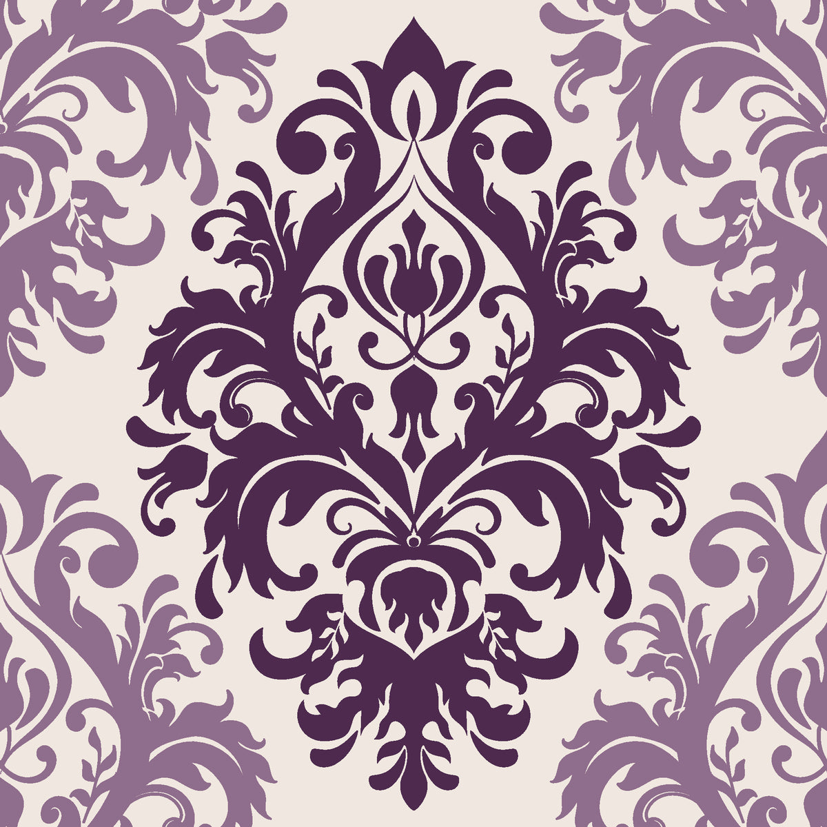 Silent Bouquet Plum damask wallpaper in plum and pearl