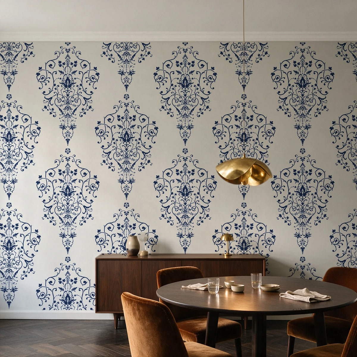 Silent Spring Navy damask wallpaper in an elegant dining room