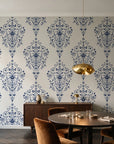 Silent Spring Navy damask wallpaper in an elegant dining room