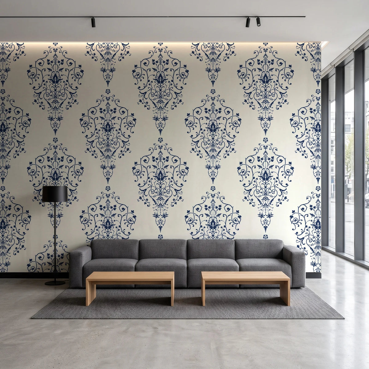 Silent Spring Navy damask wallpaper in a contemporary commercial office lobby