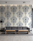 Silent Spring Navy damask wallpaper in a contemporary commercial office lobby