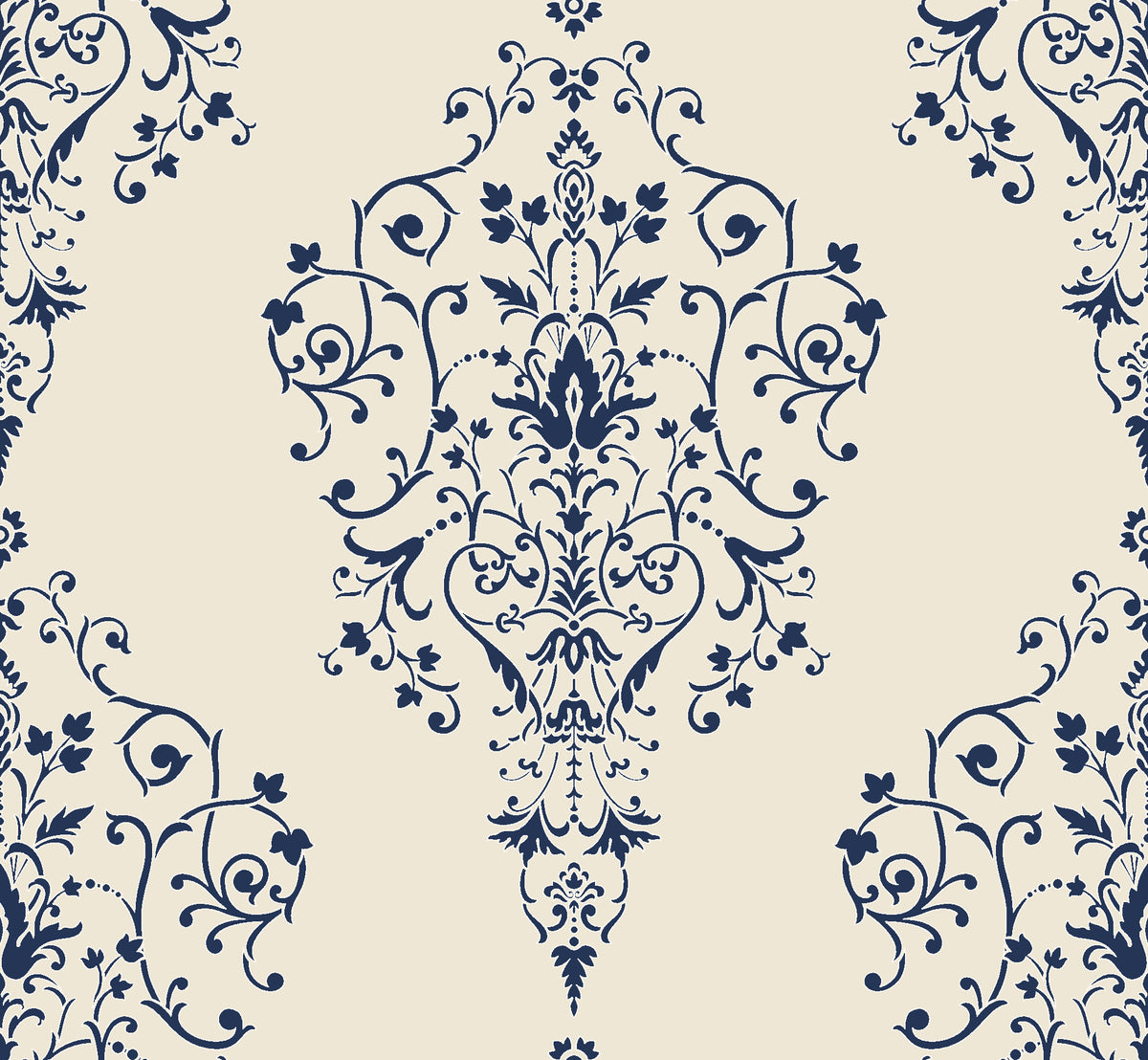 Silent Spring Navy damask wallpaper in navy and cream
