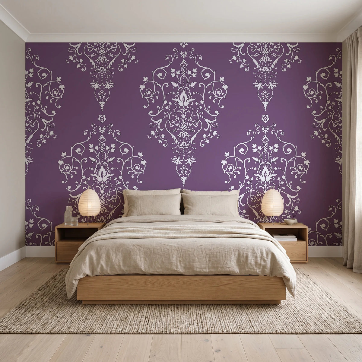 Silent Spring Plum damask wallpaper behind a low platform bed in a serene Japandi bedroom