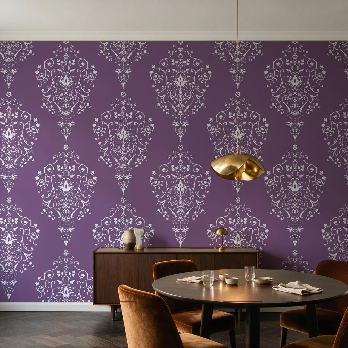 Silent Spring Plum damask wallpaper in an elegant dining room