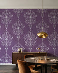Silent Spring Plum damask wallpaper in an elegant dining room