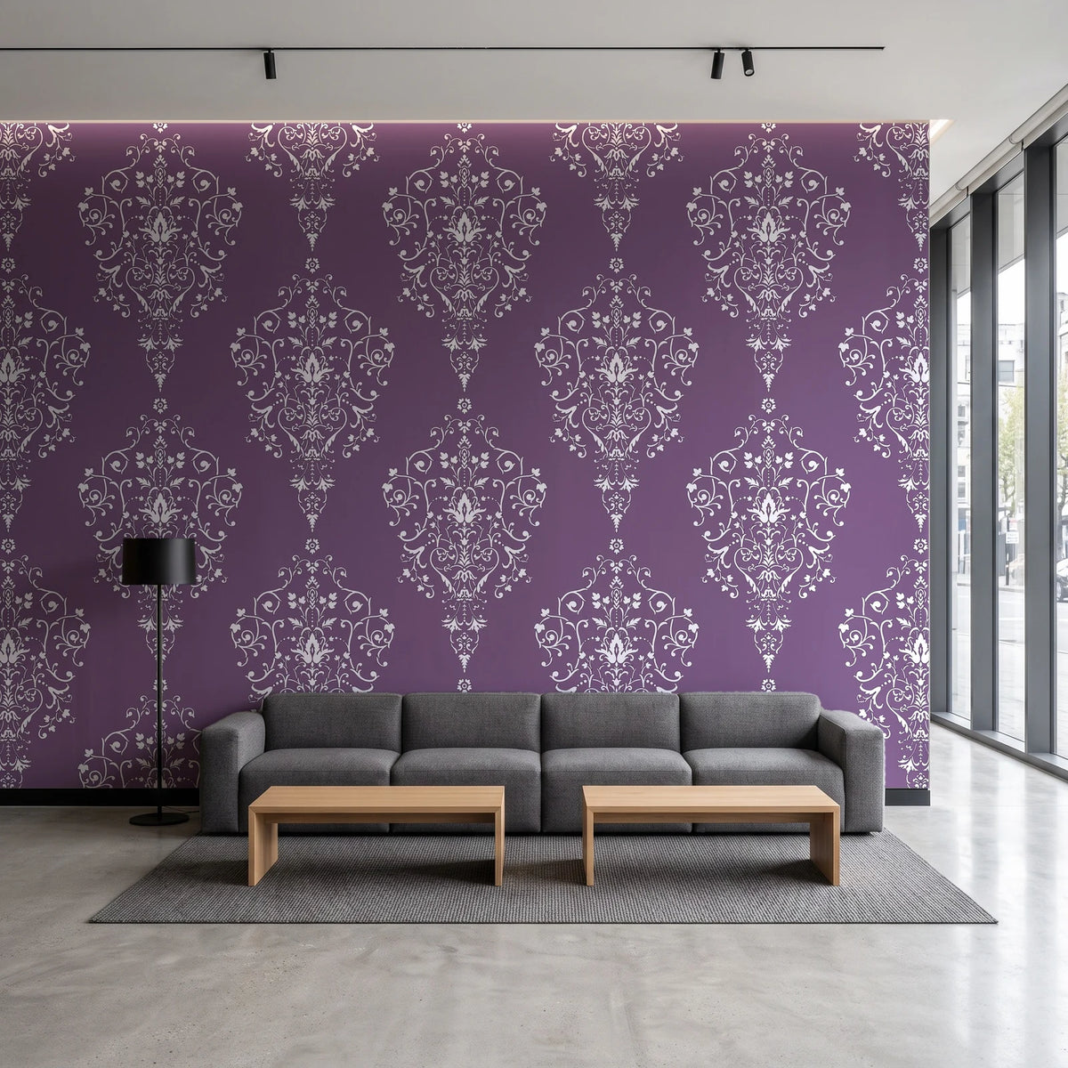 Silent Spring Plum damask wallpaper in a contemporary commercial office lobby
