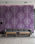 Silent Spring Plum damask wallpaper in a contemporary commercial office lobby