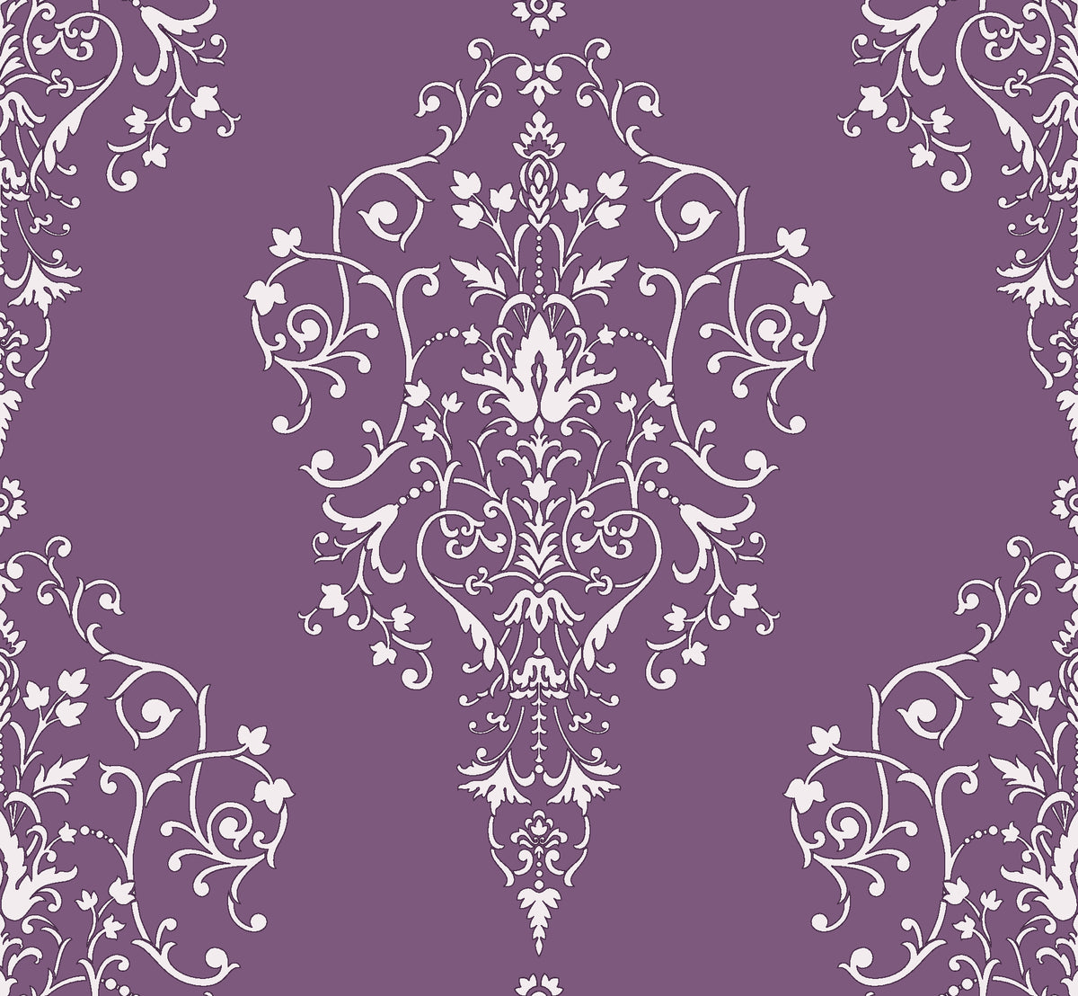 Silent Spring Plum damask wallpaper in plum and pearl