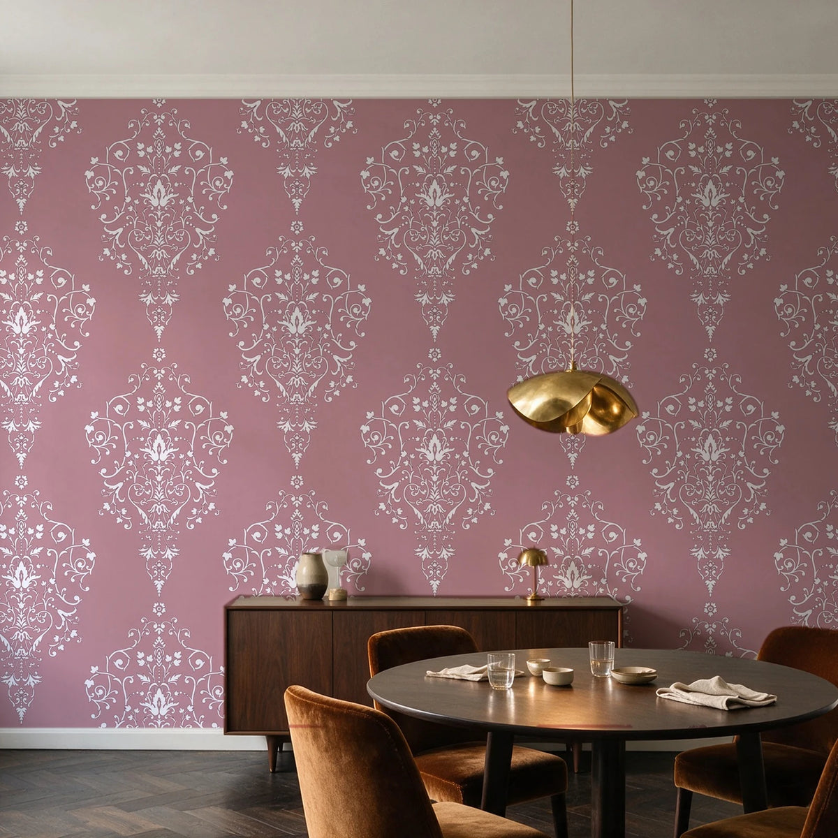 Silent Spring Rose damask wallpaper in an elegant dining room