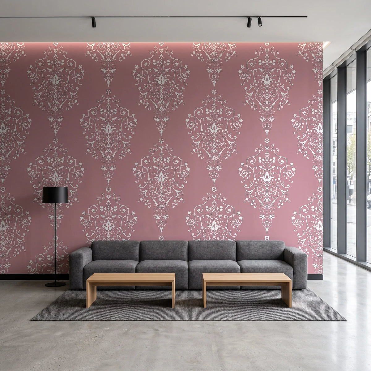 Silent Spring Rose damask wallpaper in a contemporary commercial office lobby