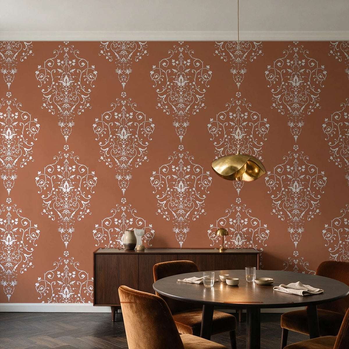 Silent Spring Terracotta damask wallpaper in an elegant dining room