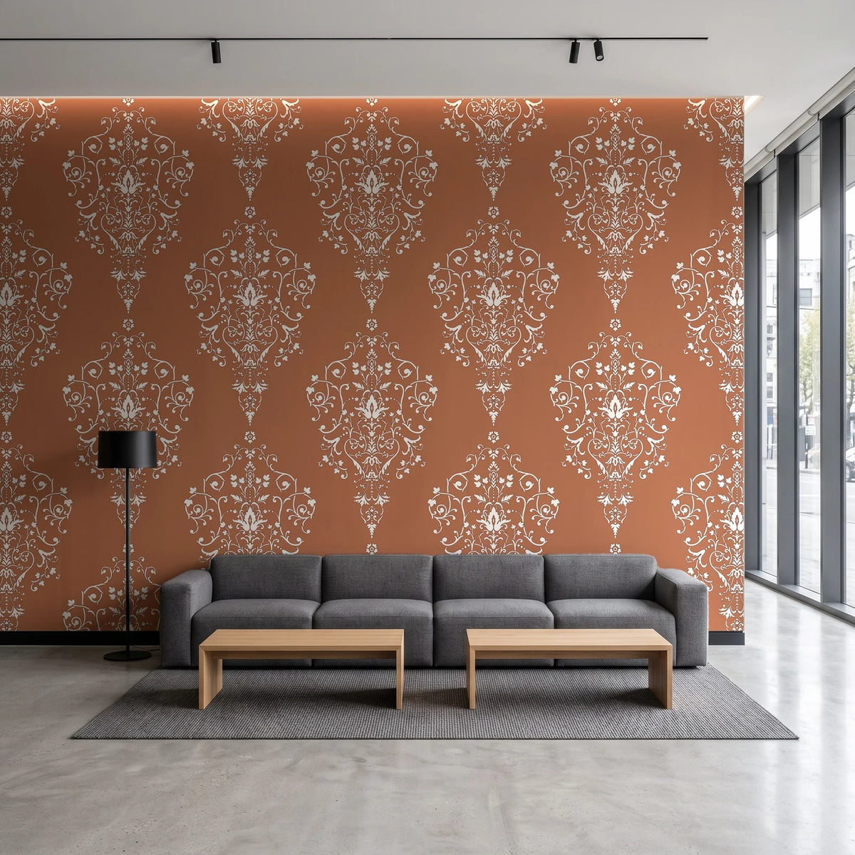 Silent Spring Terracotta damask wallpaper in a contemporary commercial office lobby