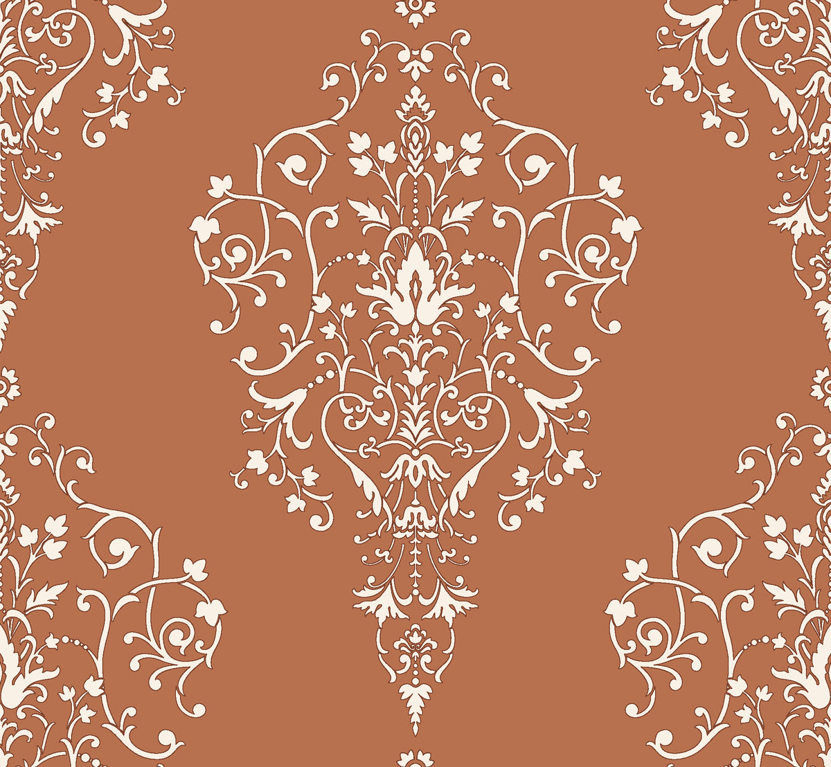 Silent Spring Terracotta damask wallpaper in terracotta and cream
