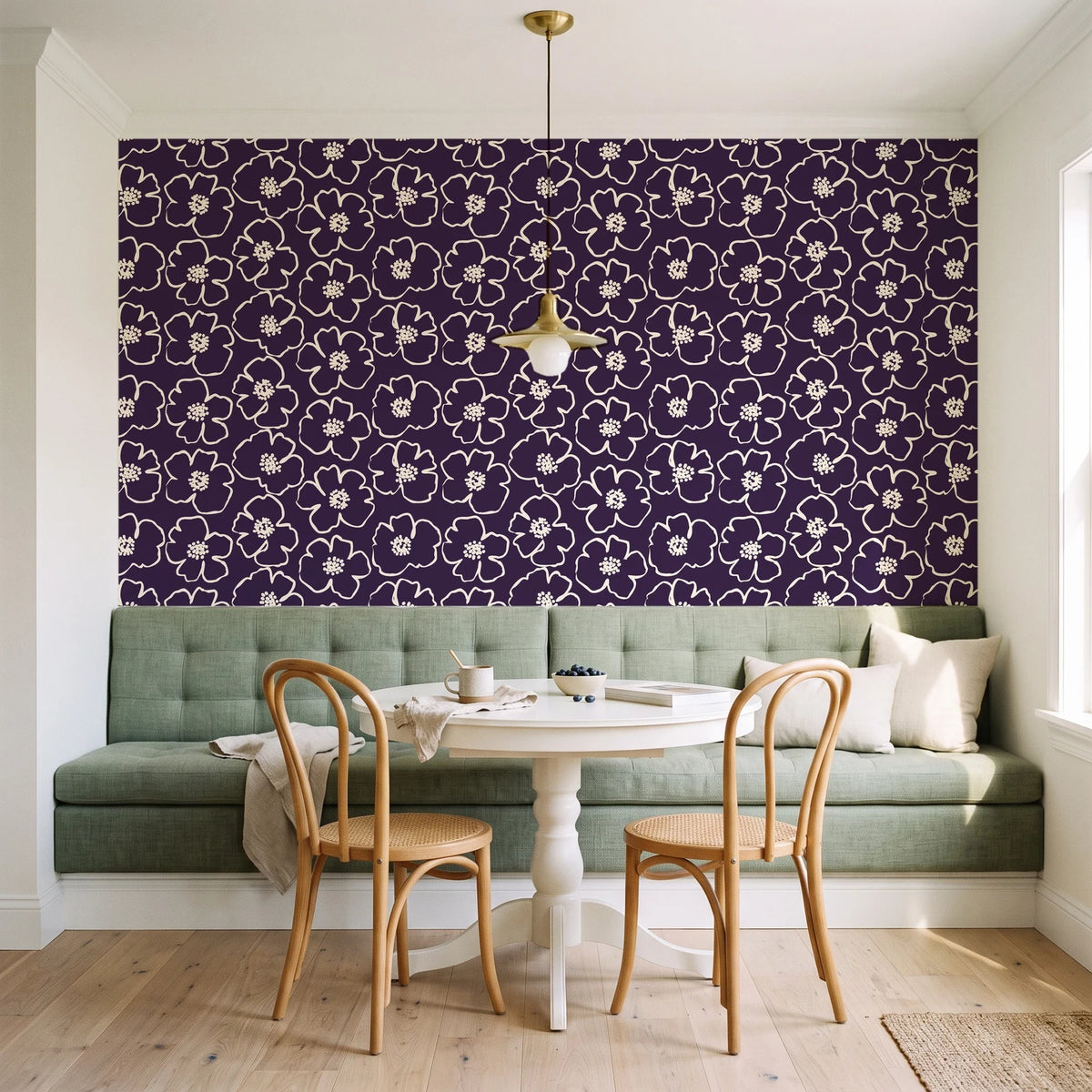 Sketch Anemone Aubergine sketched anemone wallpaper as a feature wall in a sunlit breakfast nook