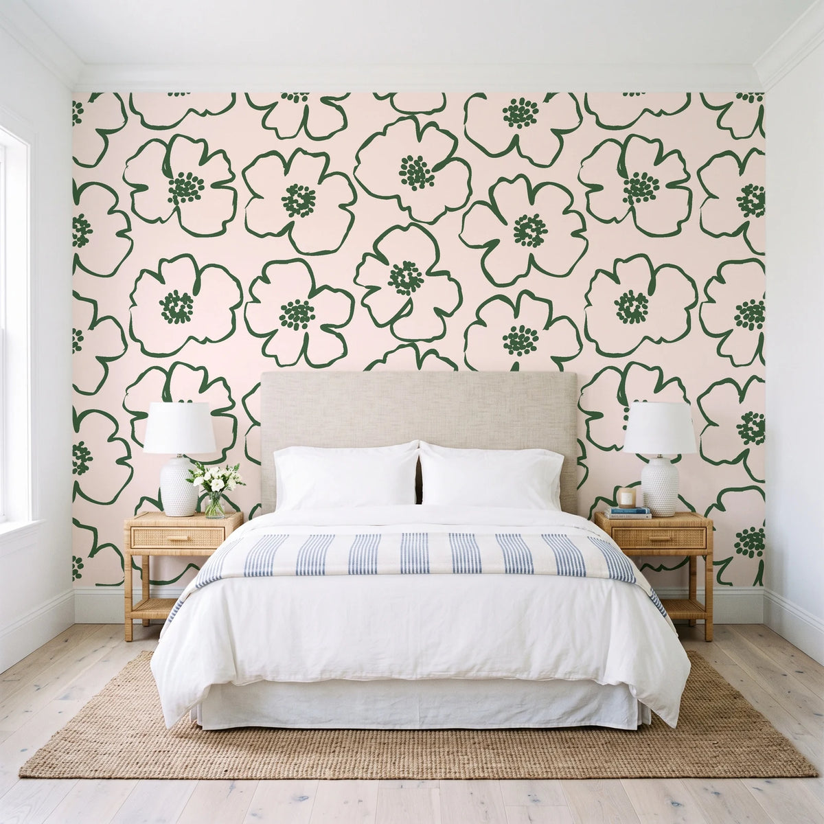 Sketch Anemone Fern sketched anemone wallpaper behind a queen bed in a bright coastal bedroom