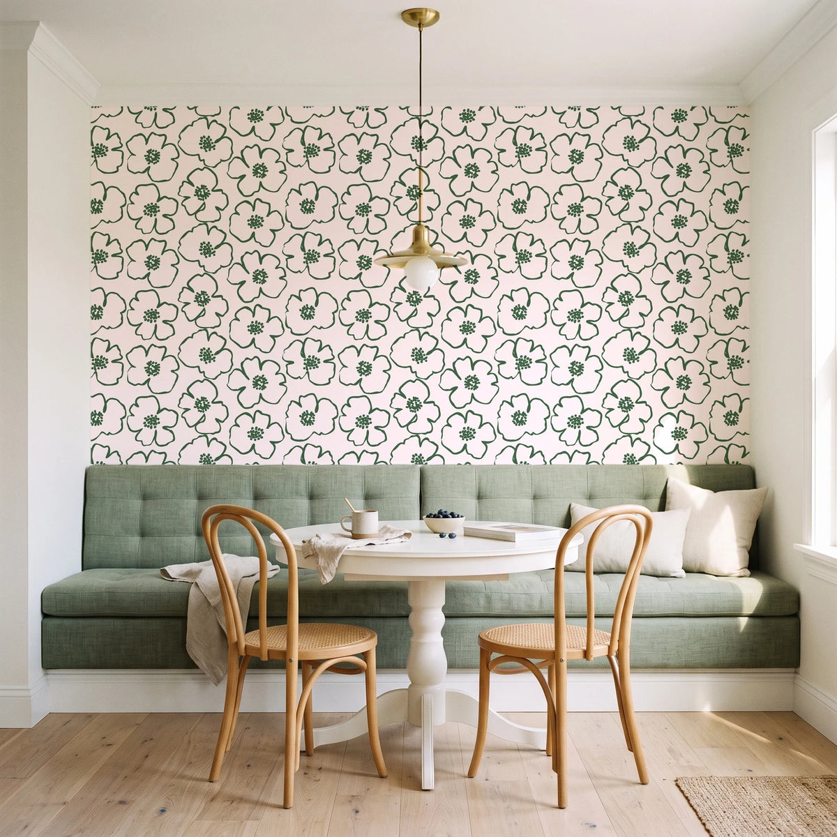 Sketch Anemone Fern sketched anemone wallpaper as a feature wall in a sunlit breakfast nook