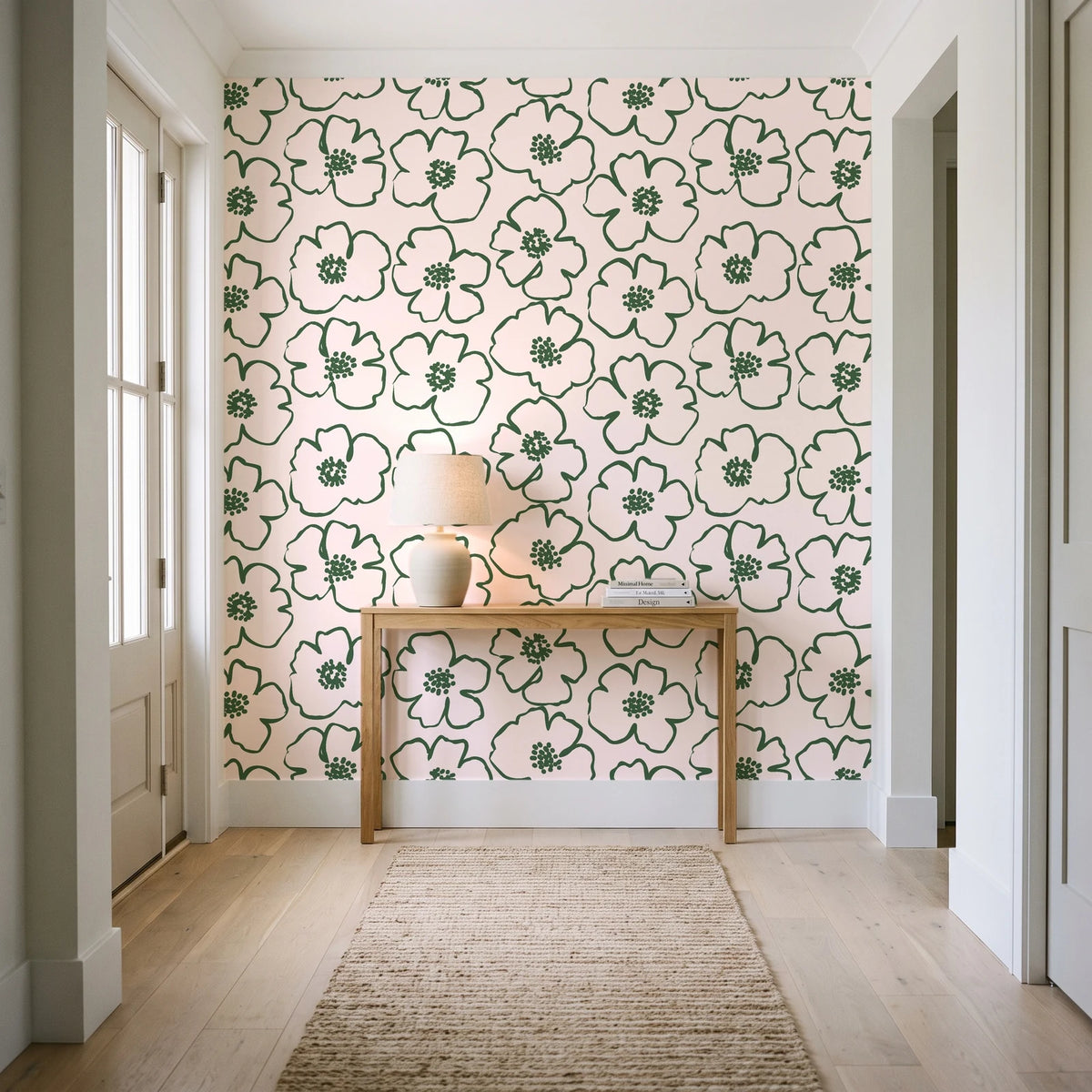 Sketch Anemone Fern sketched anemone wallpaper behind a console table in a light entry hallway
