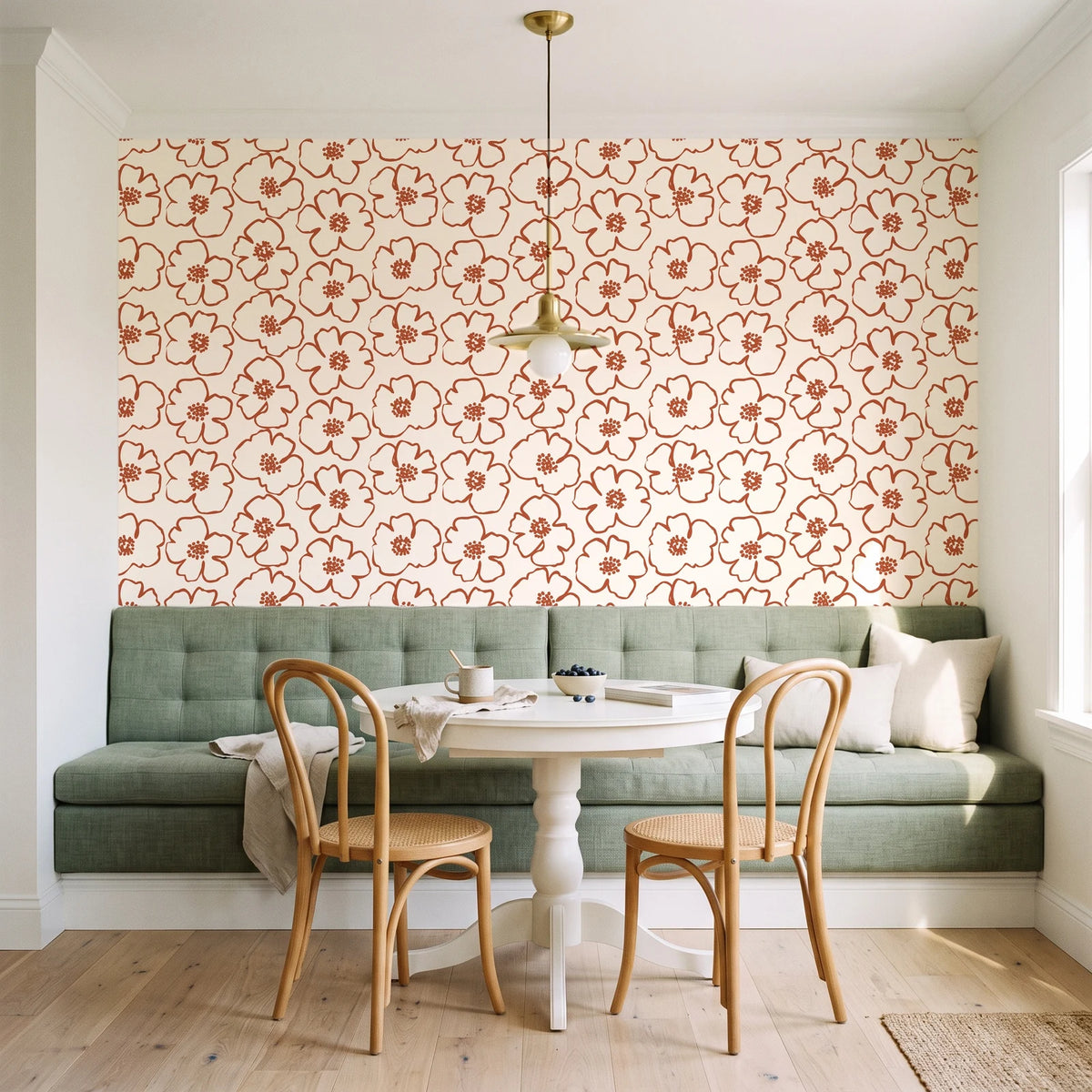Sketch Anemone Terracotta sketched anemone wallpaper as a feature wall in a sunlit breakfast nook