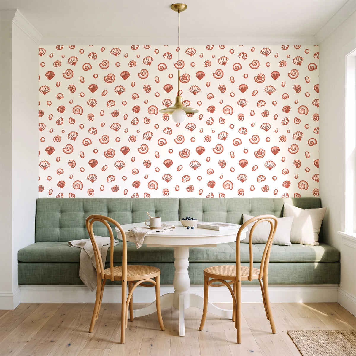 Sketched Seashells Coral seashell wallpaper as a feature wall in a sunlit breakfast nook