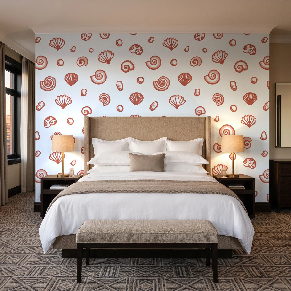 Sketched Seashells Coral seashell wallpaper behind the headboard of a king bed in a contemporary hotel guest room
