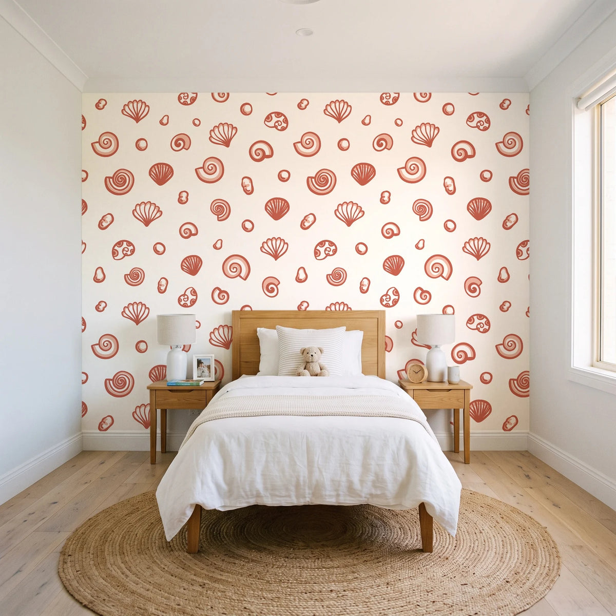 Sketched Seashells Coral seashell wallpaper in a bright, cheerful child's bedroom