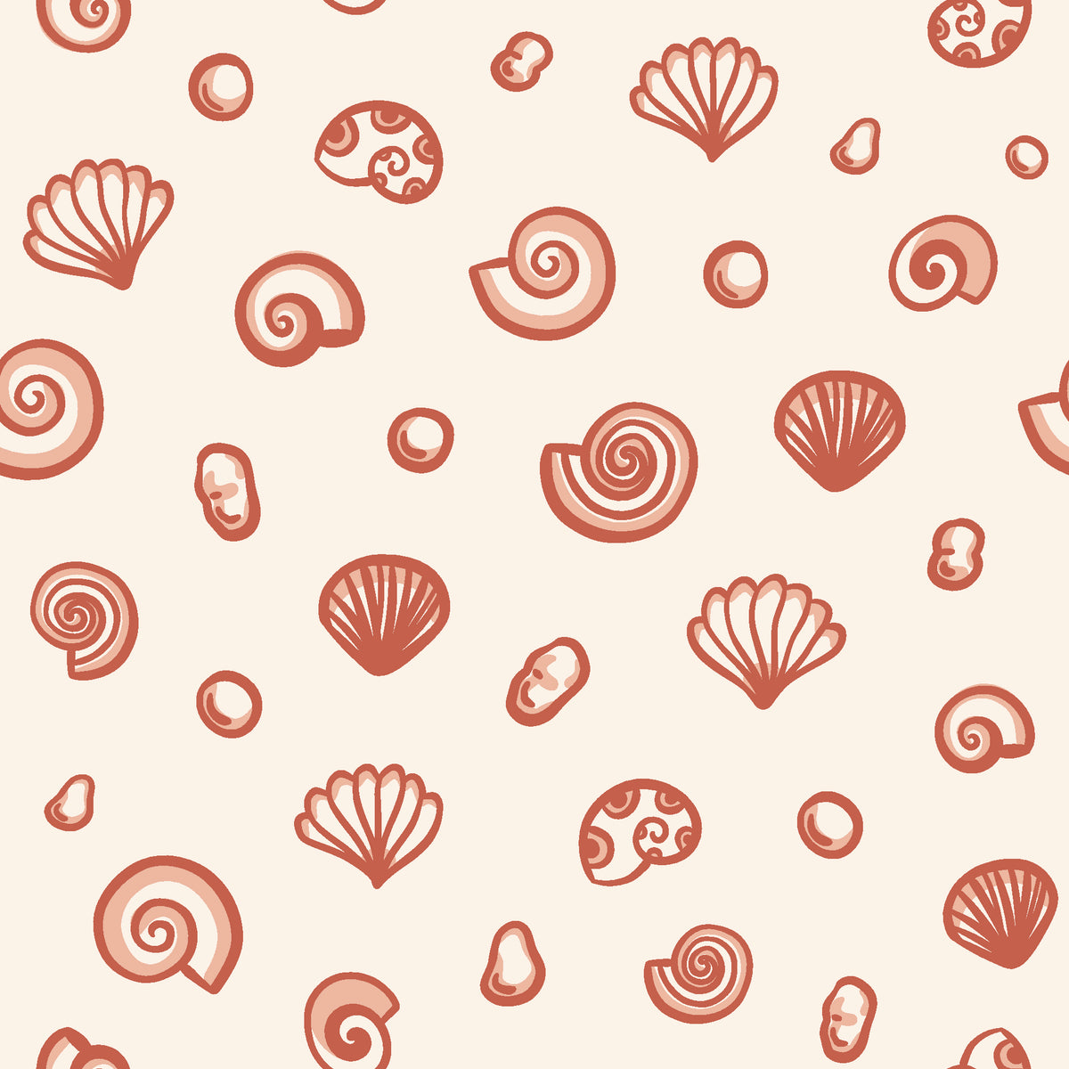 Sketched Seashells Coral seashell wallpaper in coral and cream