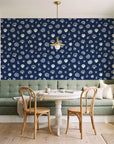 Sketched Seashells Midnight seashell wallpaper as a feature wall in a sunlit breakfast nook