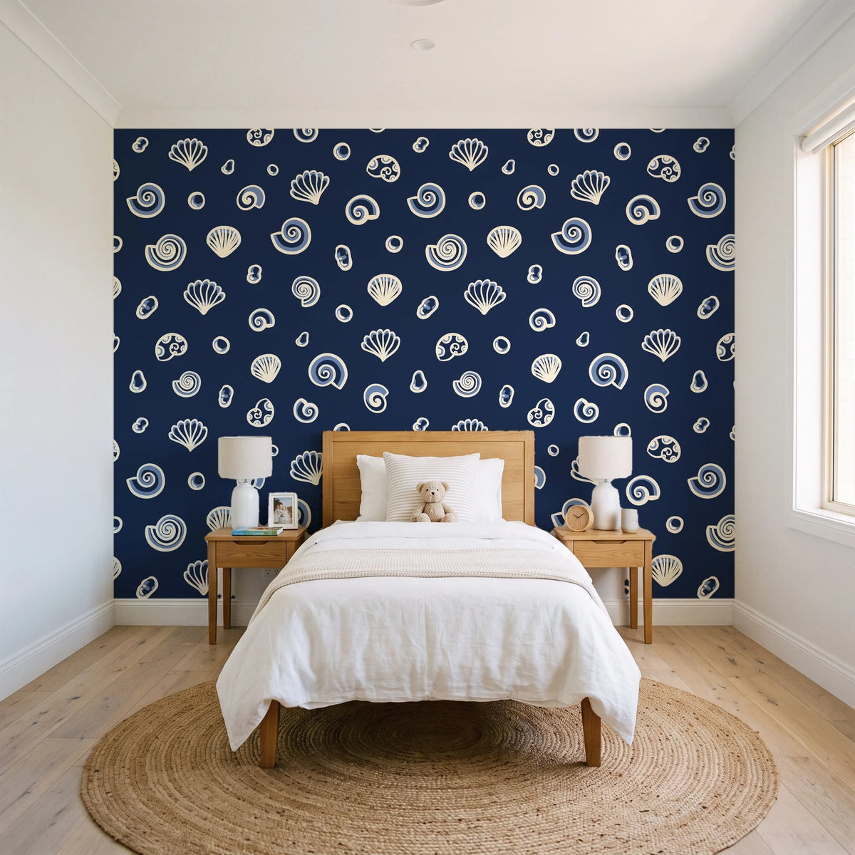 Sketched Seashells Midnight seashell wallpaper in a bright, cheerful child's bedroom