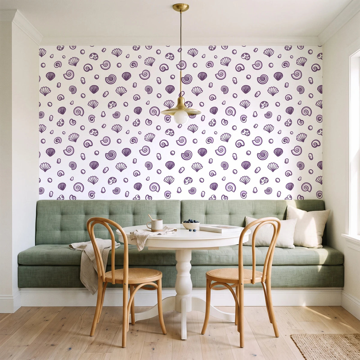 Sketched Seashells Plum seashell wallpaper as a feature wall in a sunlit breakfast nook