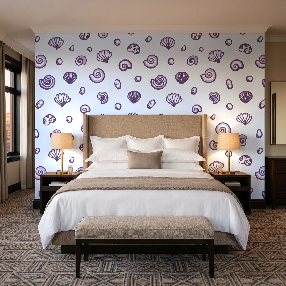 Sketched Seashells Plum seashell wallpaper behind the headboard of a king bed in a contemporary hotel guest room