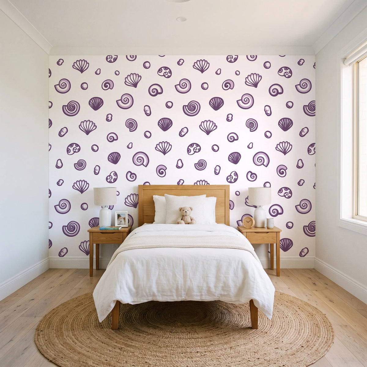 Sketched Seashells Plum seashell wallpaper in a bright, cheerful child's bedroom