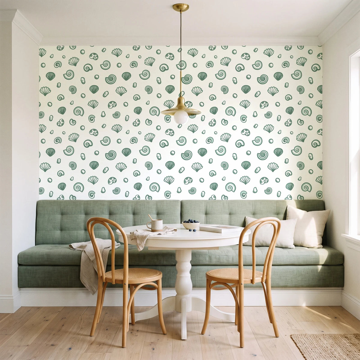 Sketched Seashells Sage seashell wallpaper as a feature wall in a sunlit breakfast nook
