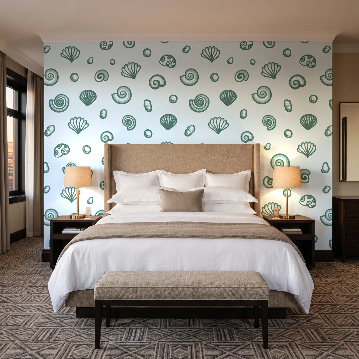 Sketched Seashells Sage seashell wallpaper behind the headboard of a king bed in a contemporary hotel guest room