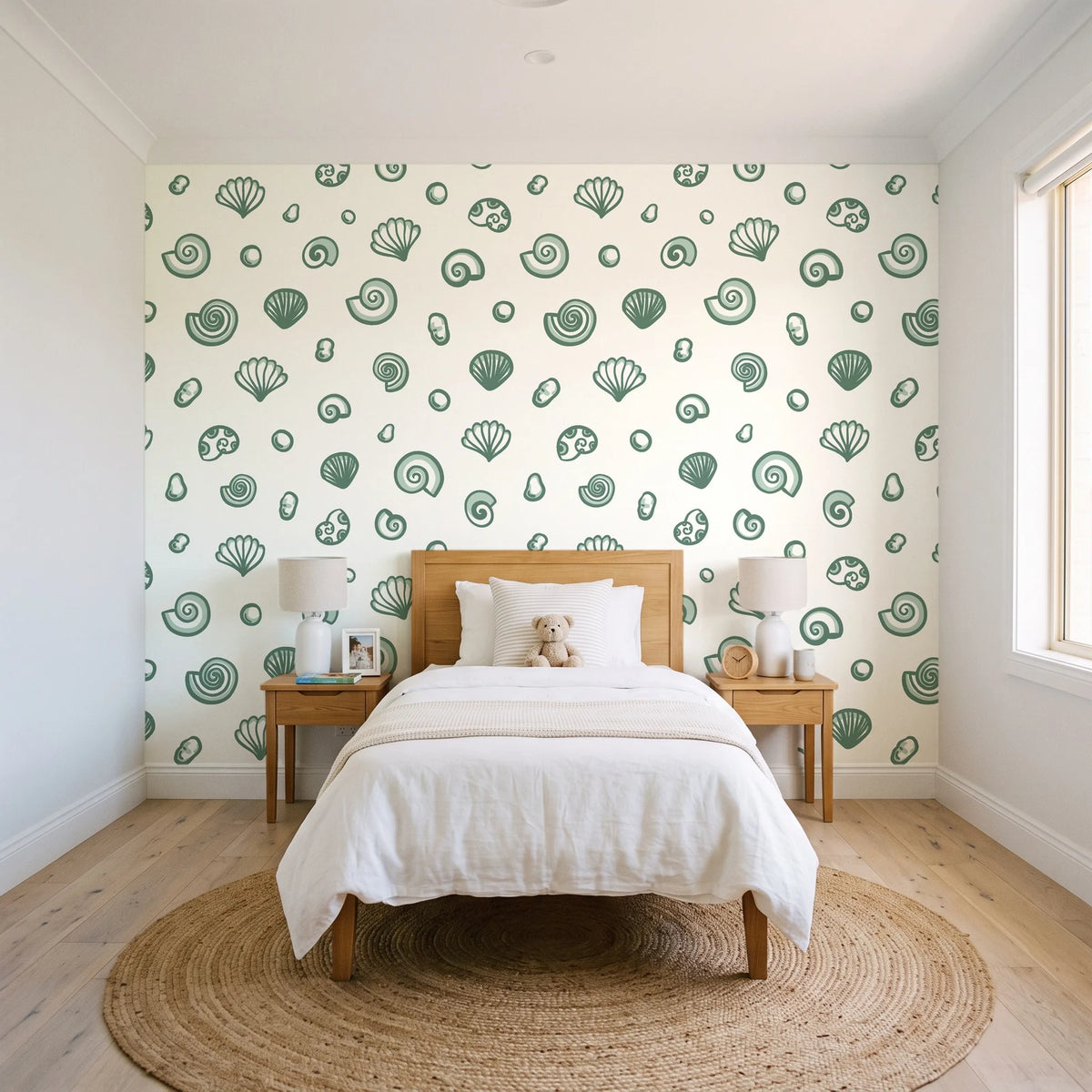 Sketched Seashells Sage seashell wallpaper in a bright, cheerful child's bedroom