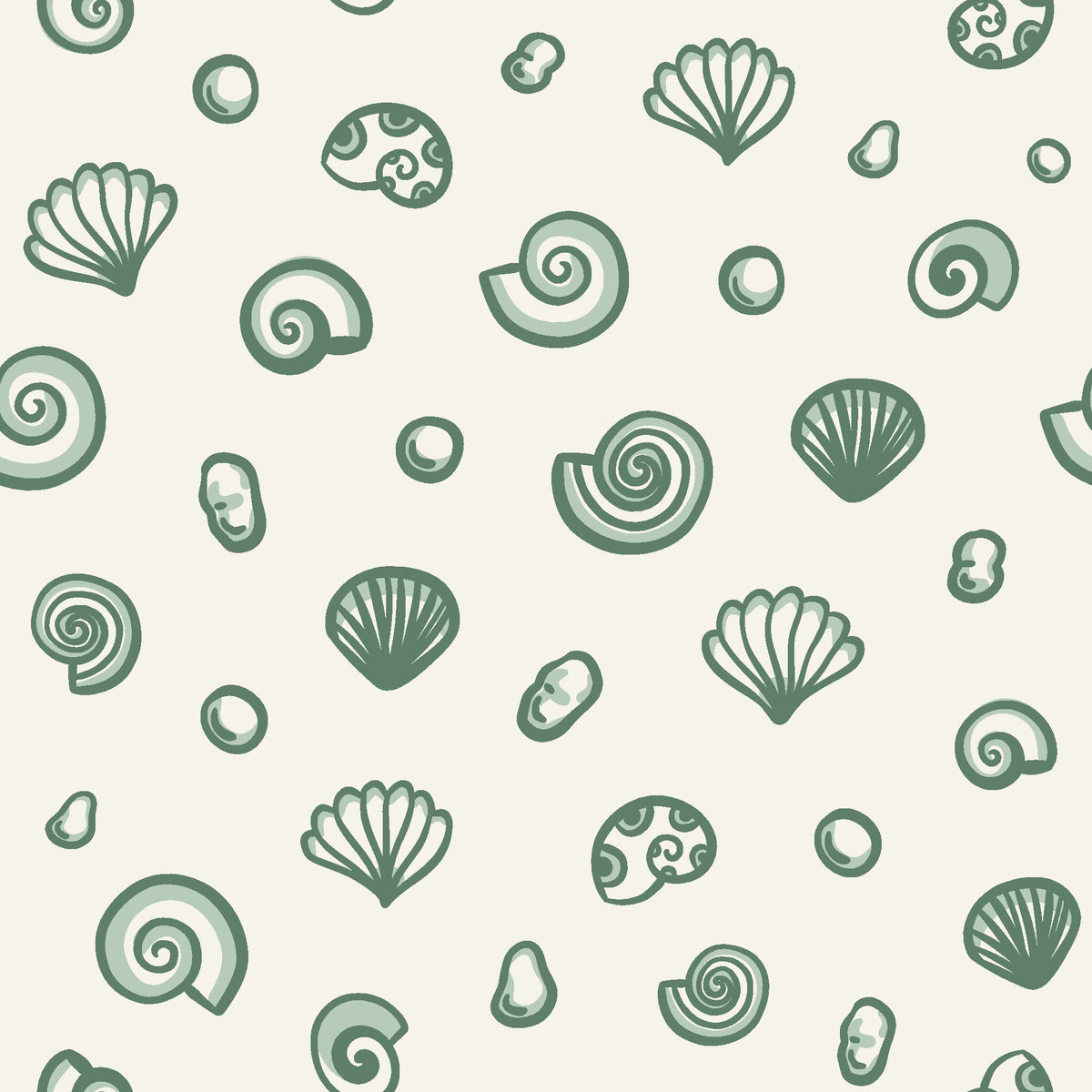 Sketched Seashells Sage seashell wallpaper in sage and cream