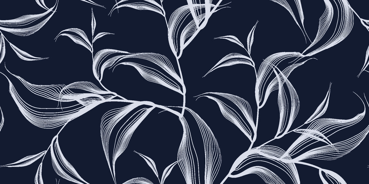 Sketched Silence Midnight line art leaf wallpaper in midnight and silver