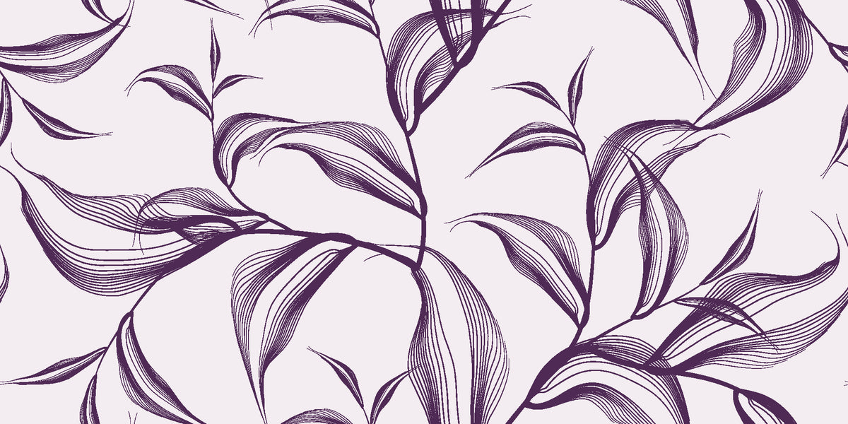 Sketched Silence Plum line art leaf wallpaper in plum and pearl