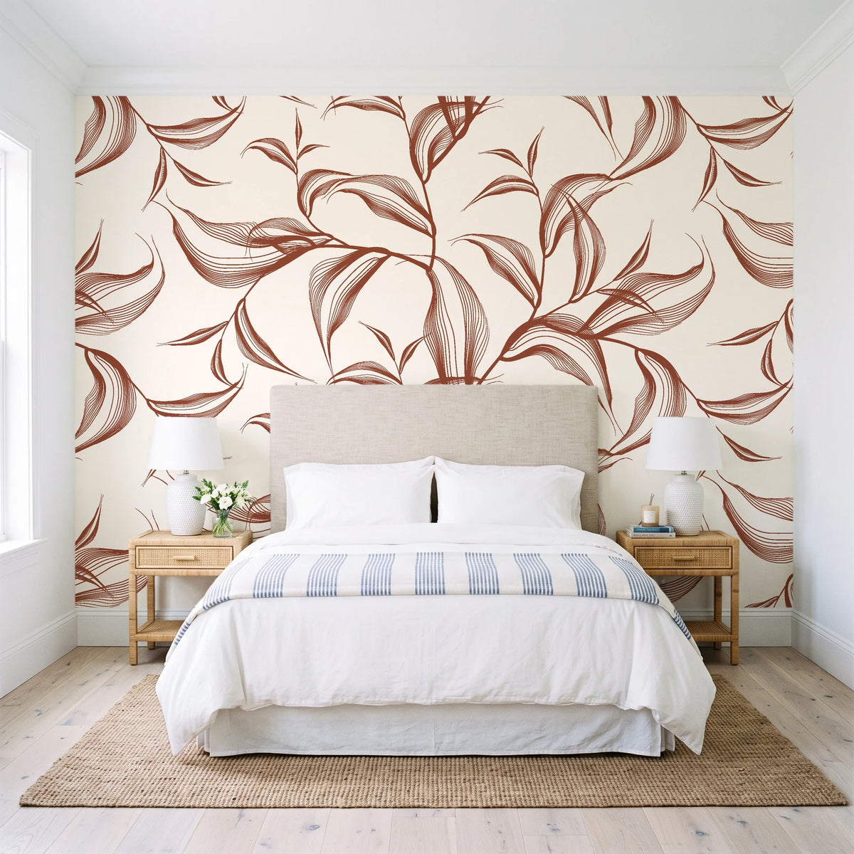 Sketched Silence Rust line art leaf wallpaper behind a queen bed in a bright coastal bedroom